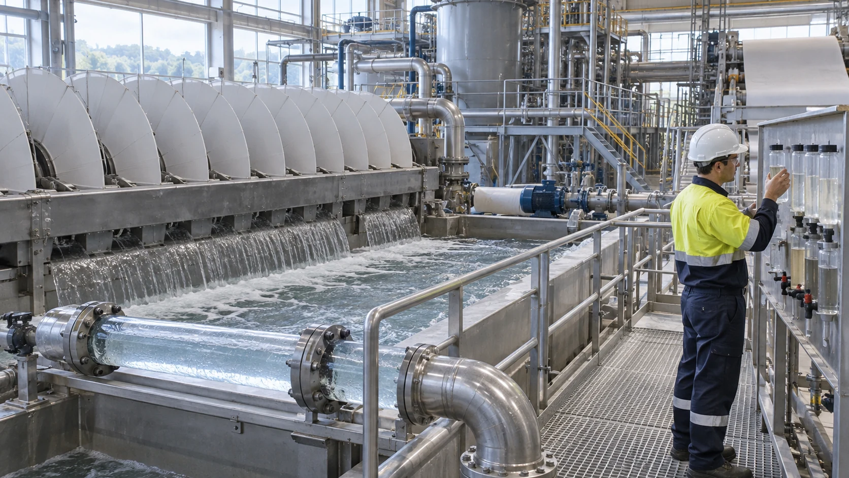 Paper mill process-water reuse system with a technician checking a water sample
