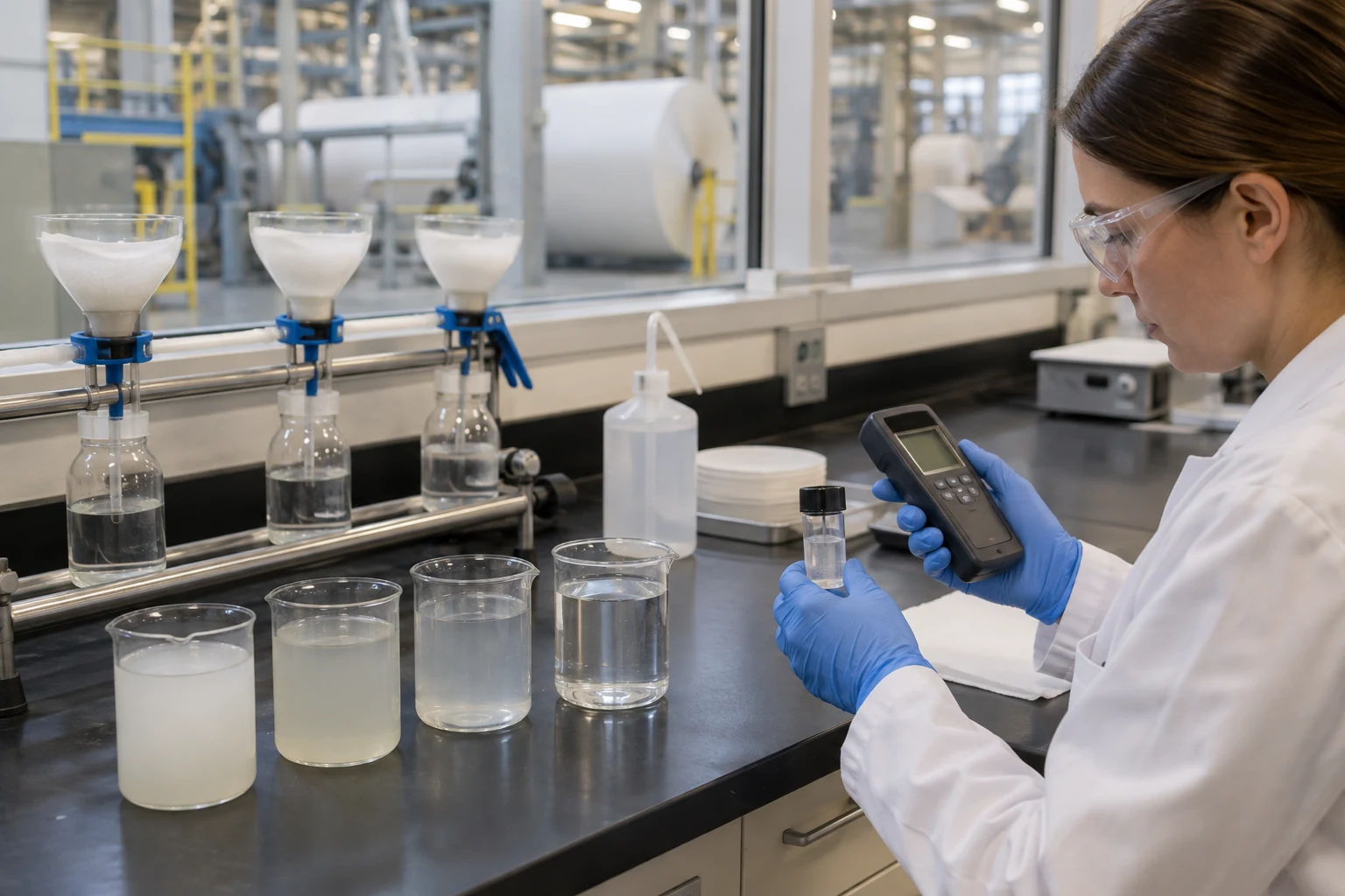 Laboratory technician assessing recycled paper-process water samples