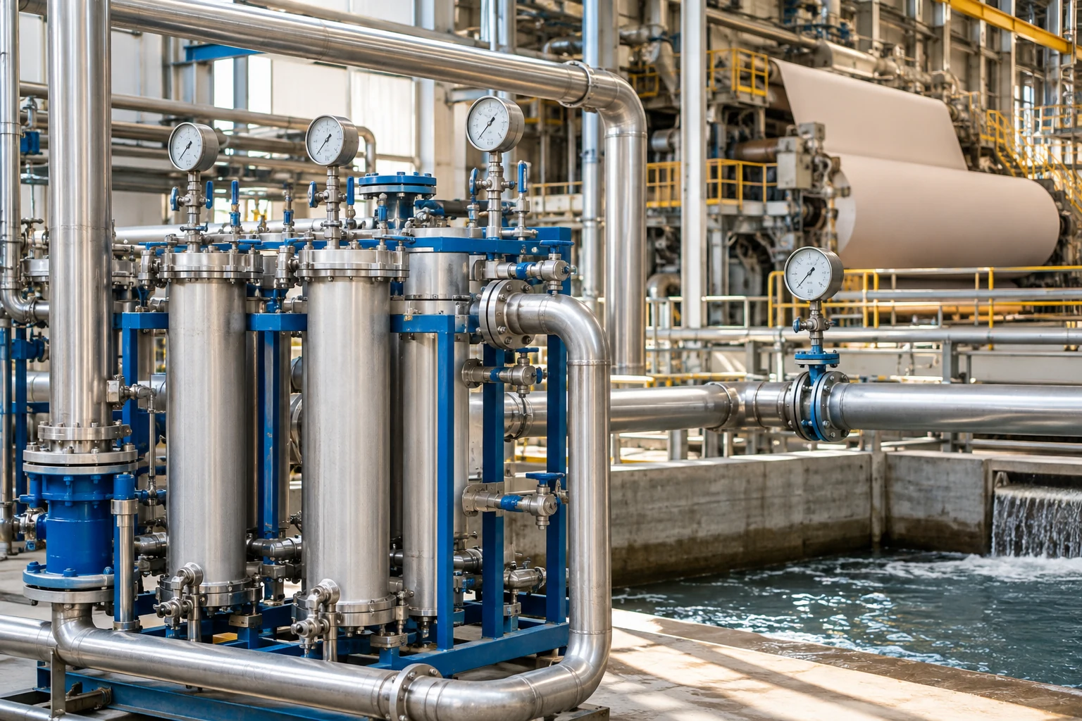 Paper mill process-water loop with filtration equipment and a paper machine in the background