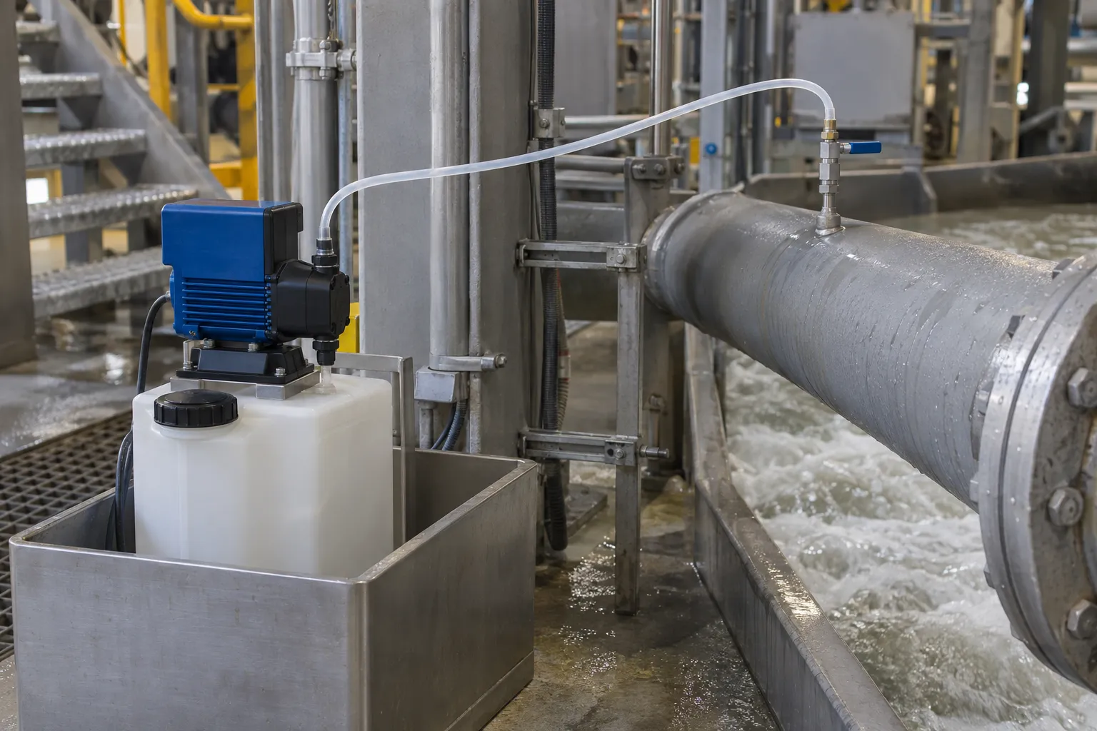 Illustrative metering pump and injection tube on a paper-machine white-water return pipe