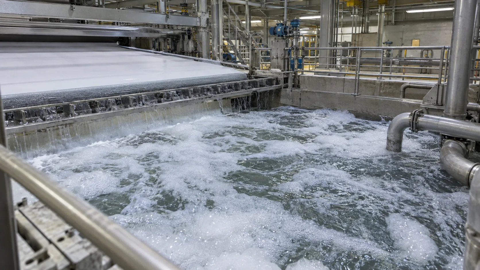 Illustrative paper machine wet-end white-water pit with visible foam beside the forming section