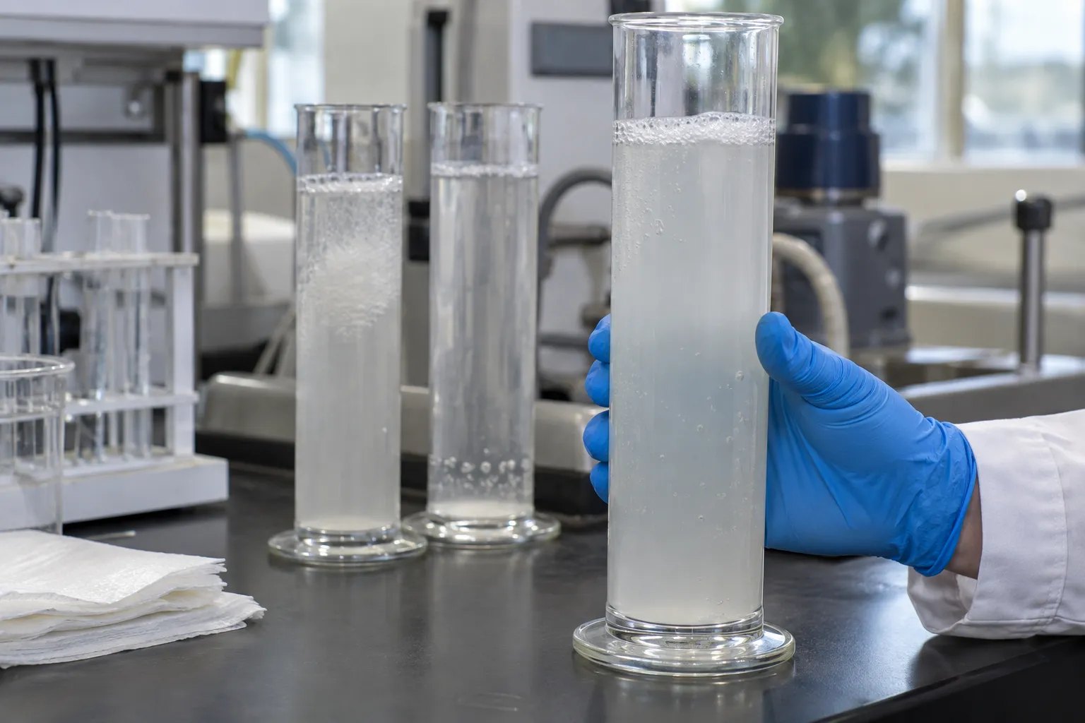 Illustrative cylinders of paper-machine white water with different visible foam and dispersed bubbles