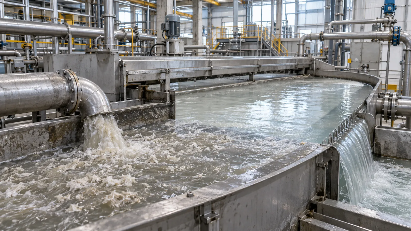 Illustrative paper mill white-water recovery vessel with turbid inlet and clarified overflow
