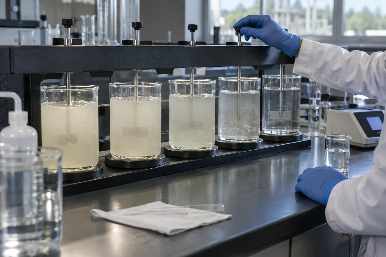 Illustrative white-water jar-test bench with several samples undergoing controlled mixing