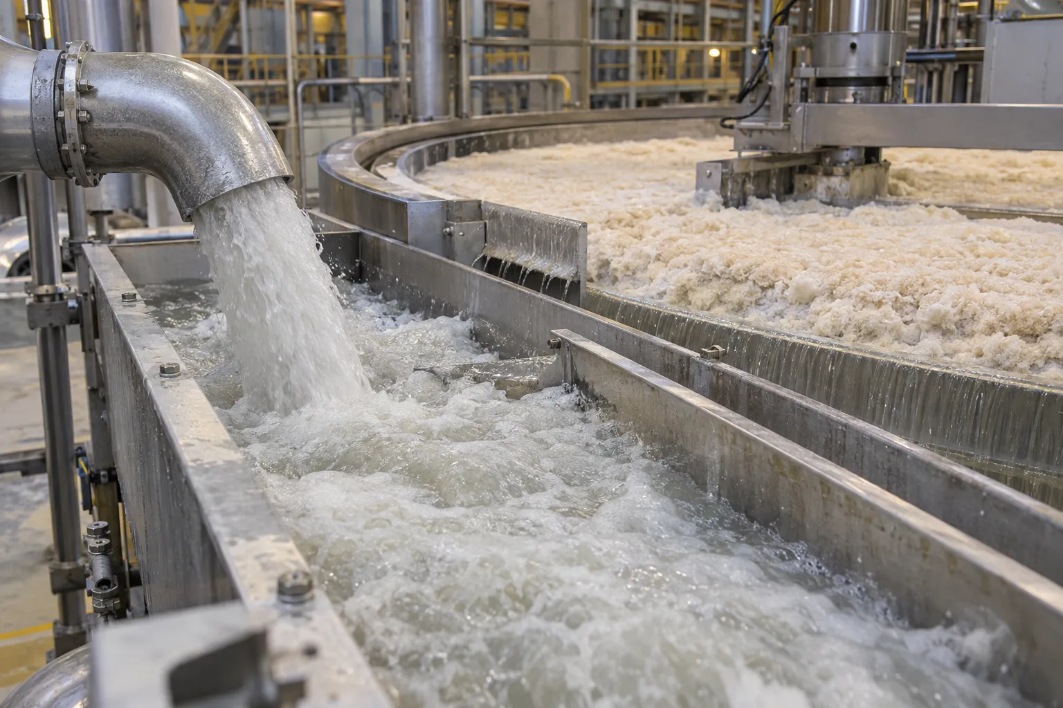 Illustrative close view of a paper-mill save-all with fiber-rich inlet and water recovery channel
