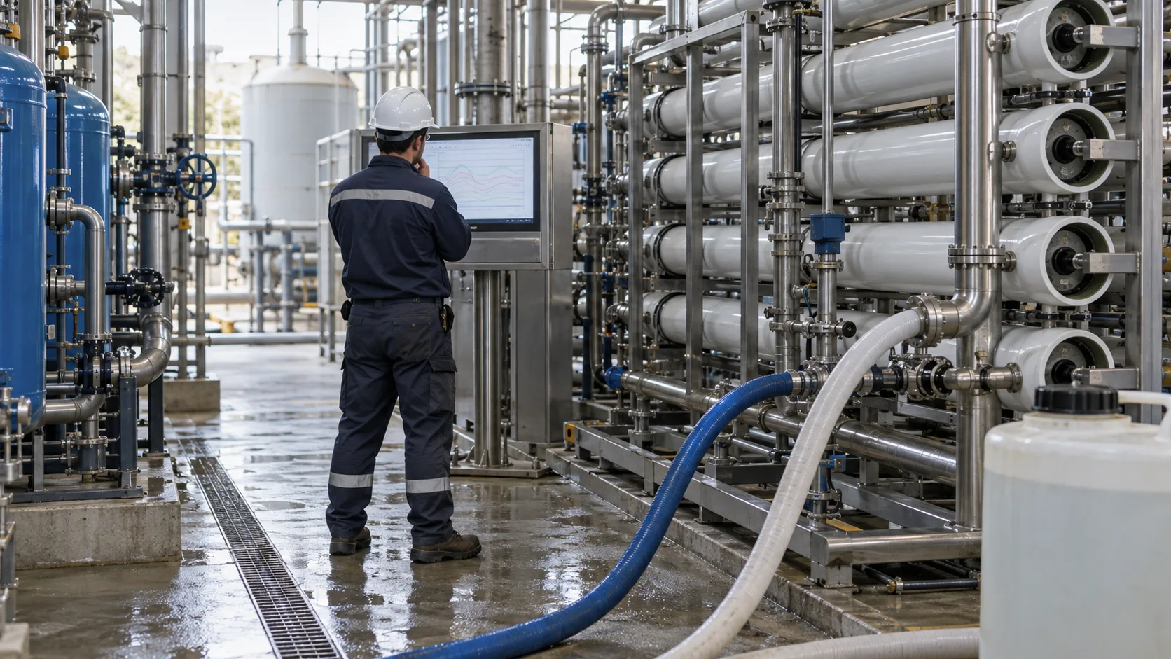 Illustrative RO skid with cleaning hoses and engineer reviewing operating trends