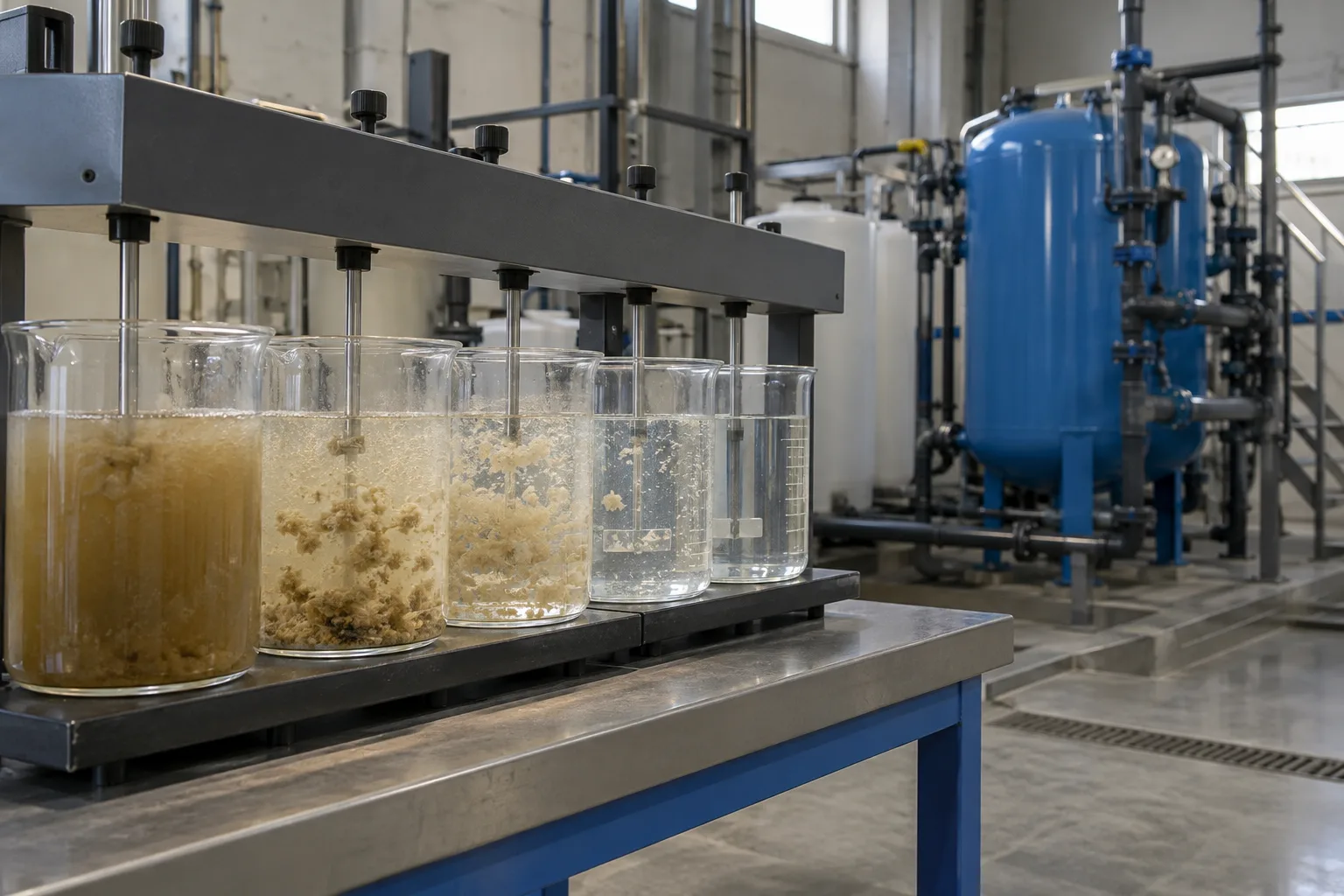 Illustrative pilot jar-test station with floc samples beside an industrial filtration vessel