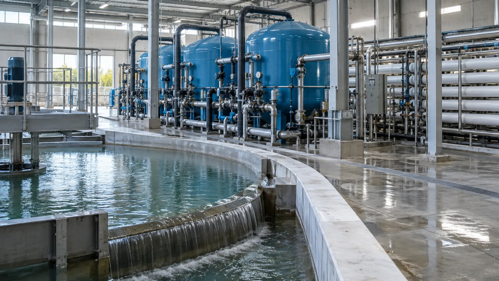 Illustrative pretreatment basin, media filters and RO pressure vessels in one industrial water-treatment hall