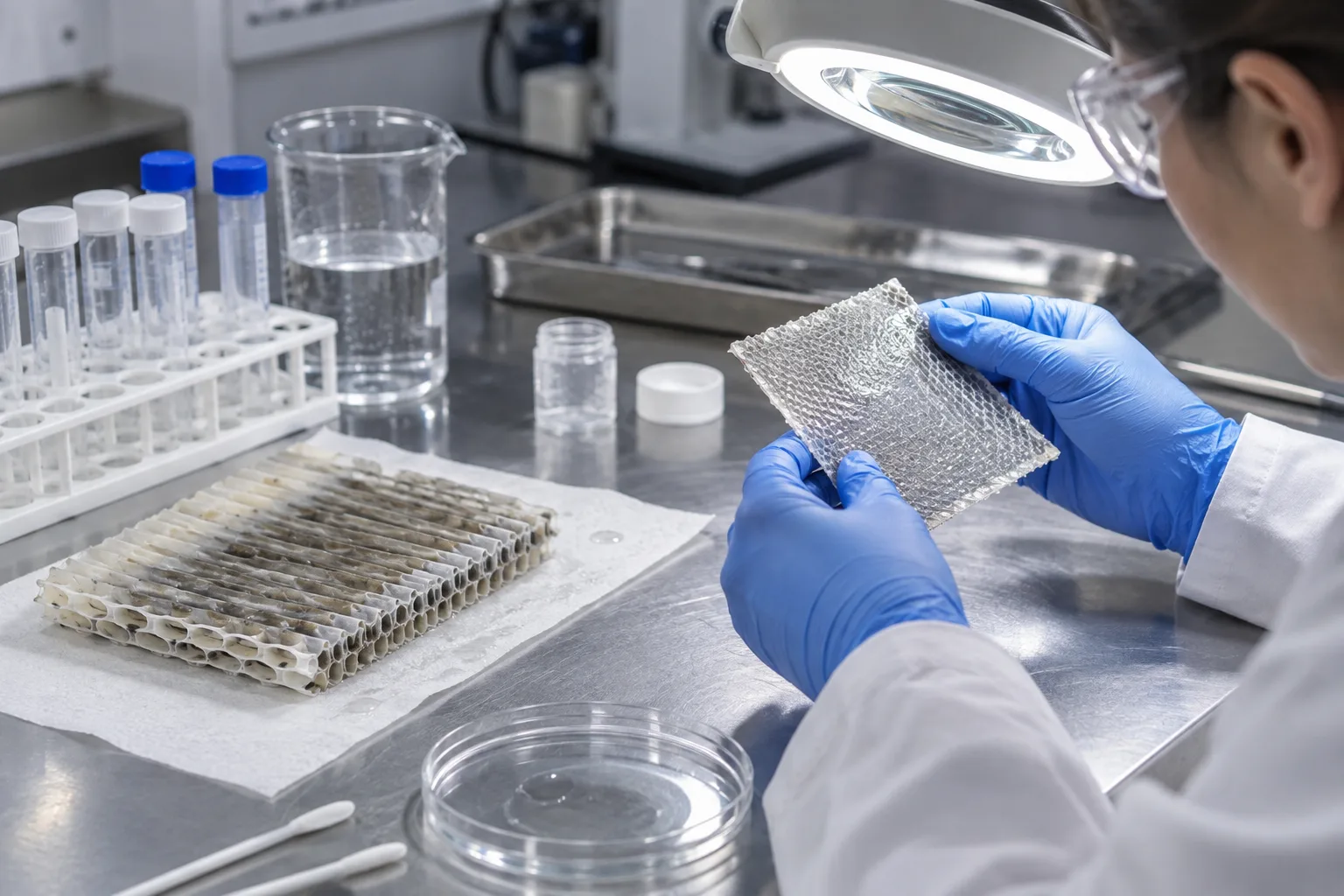 Illustrative technician inspecting a membrane spacer section at a laboratory bench