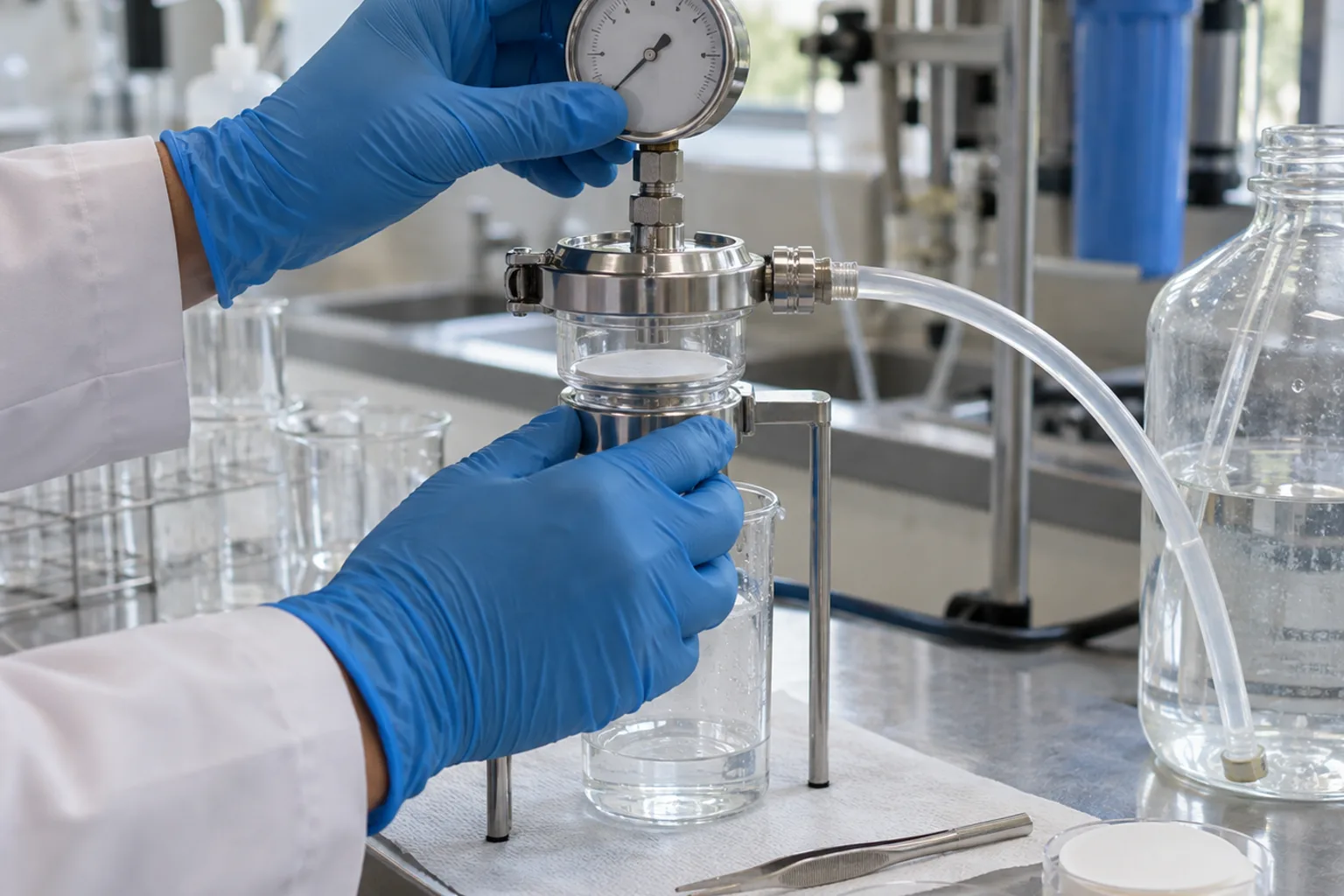 Illustrative gloved operator using an SDI filter holder and pressure gauge at a water laboratory bench