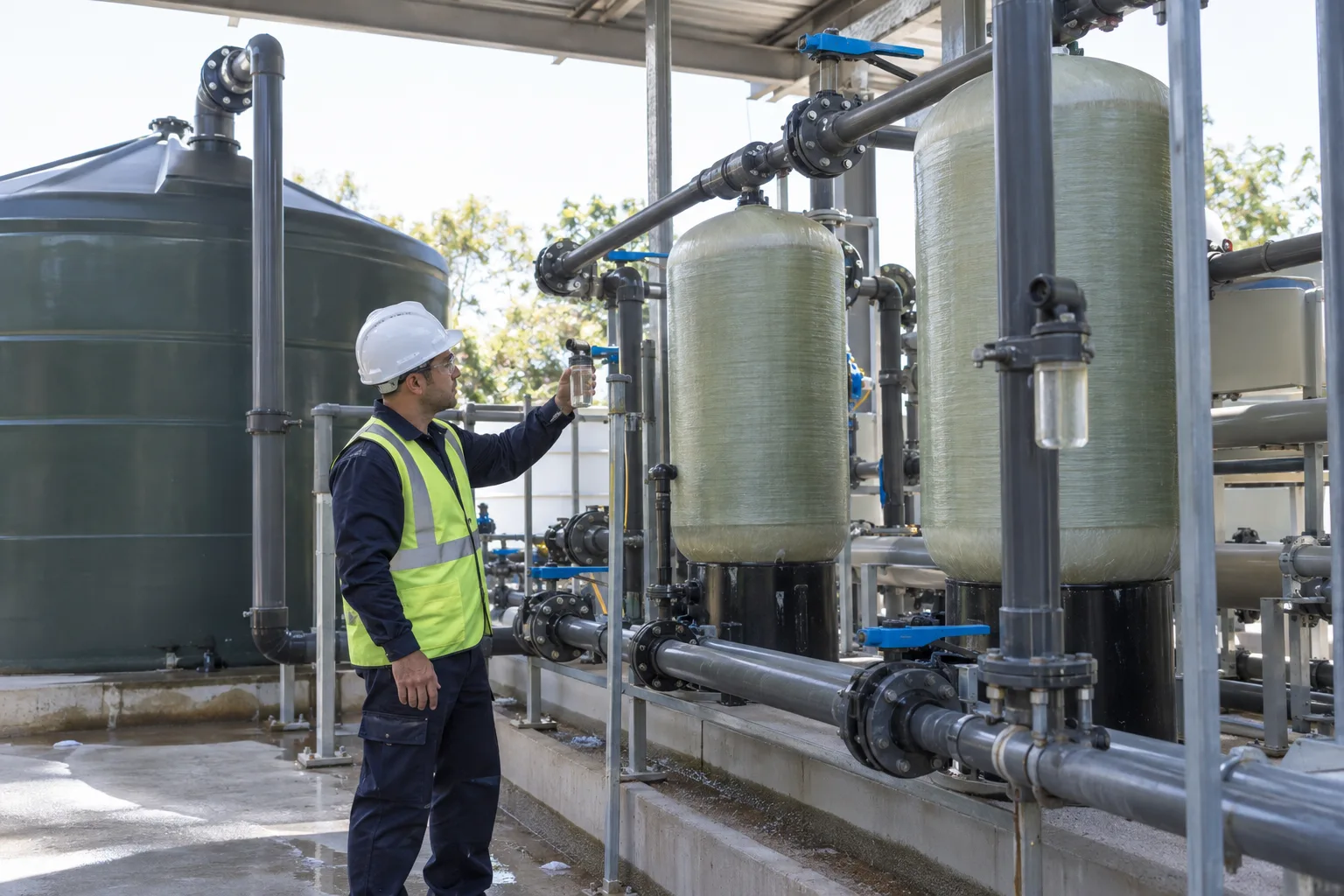 Illustrative technician inspecting a sampling point beside upstream RO pretreatment filters and storage tank