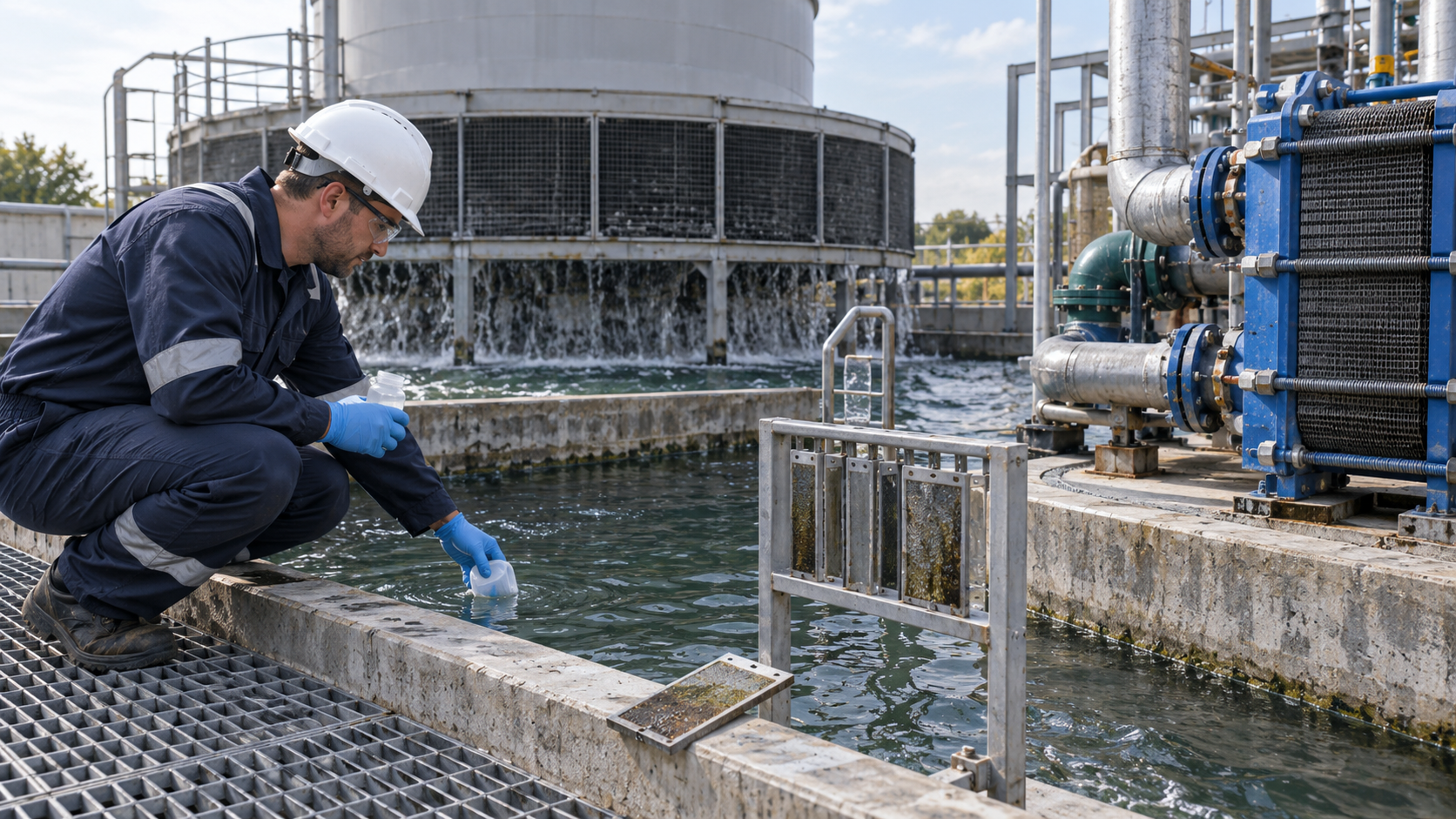 Technician samples an open cooling-water basin beside an inspection coupon rack and heat-exchanger piping