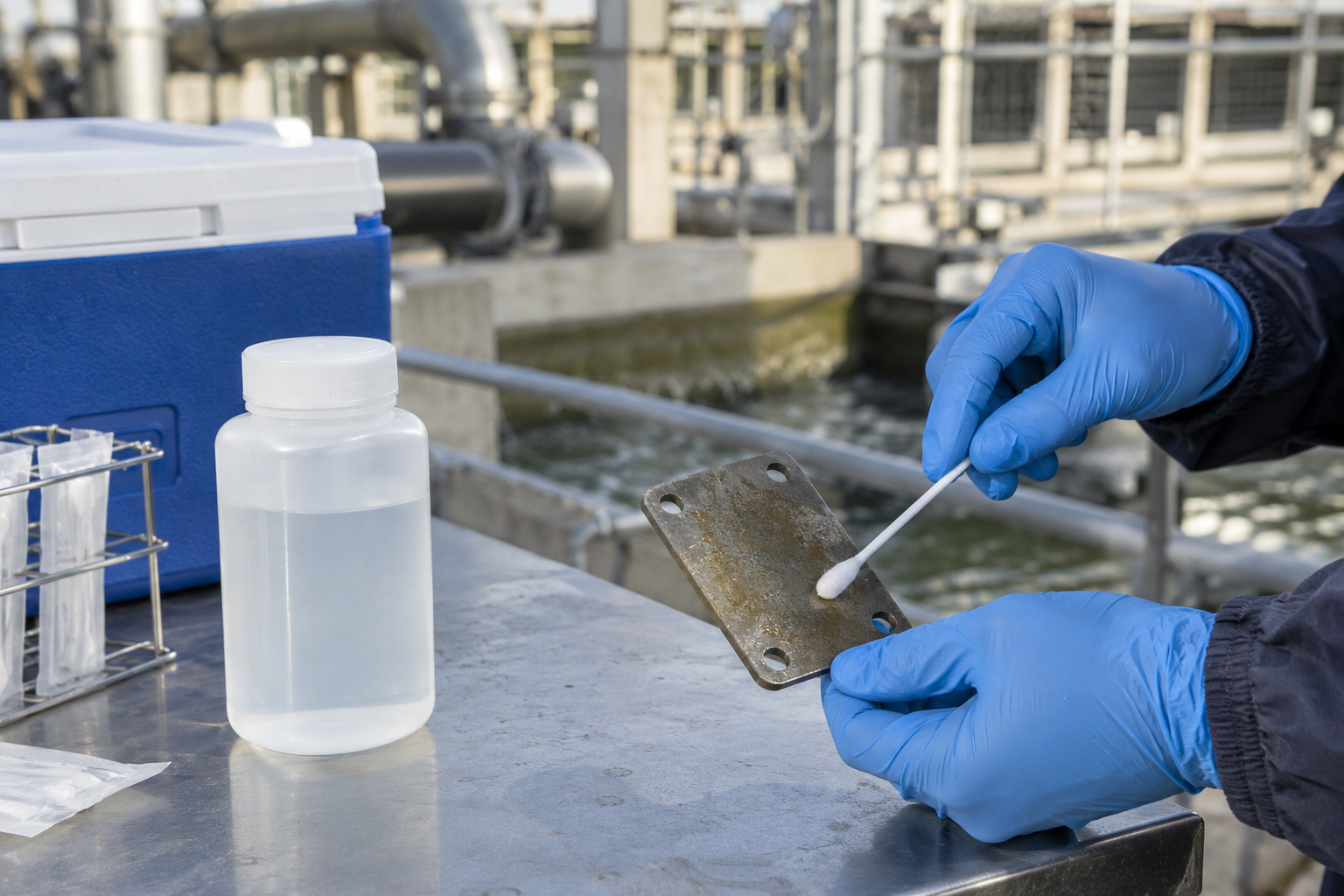 Gloved hands swab a removable cooling-water inspection coupon beside a plain sterile sample bottle