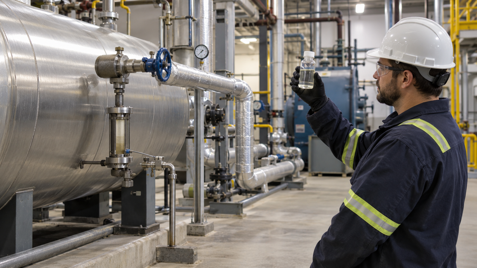 Engineer collecting a condensate sample beside insulated boiler piping