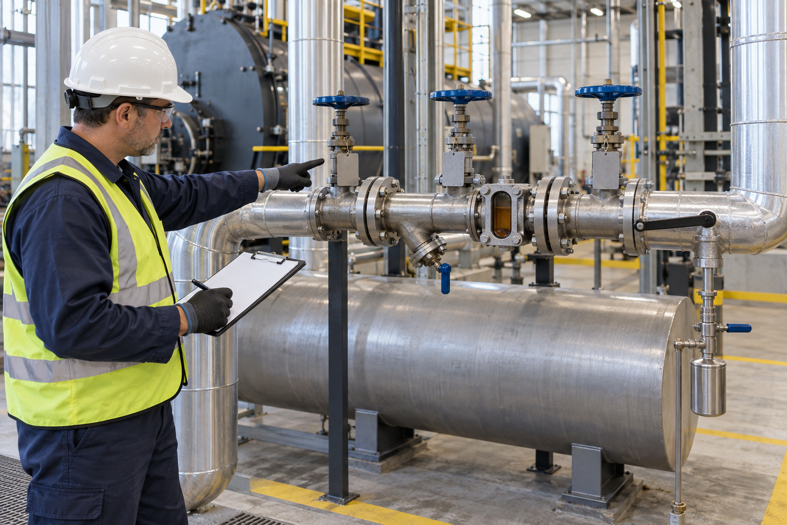 Engineer checking valves and a sight glass on a condensate return line