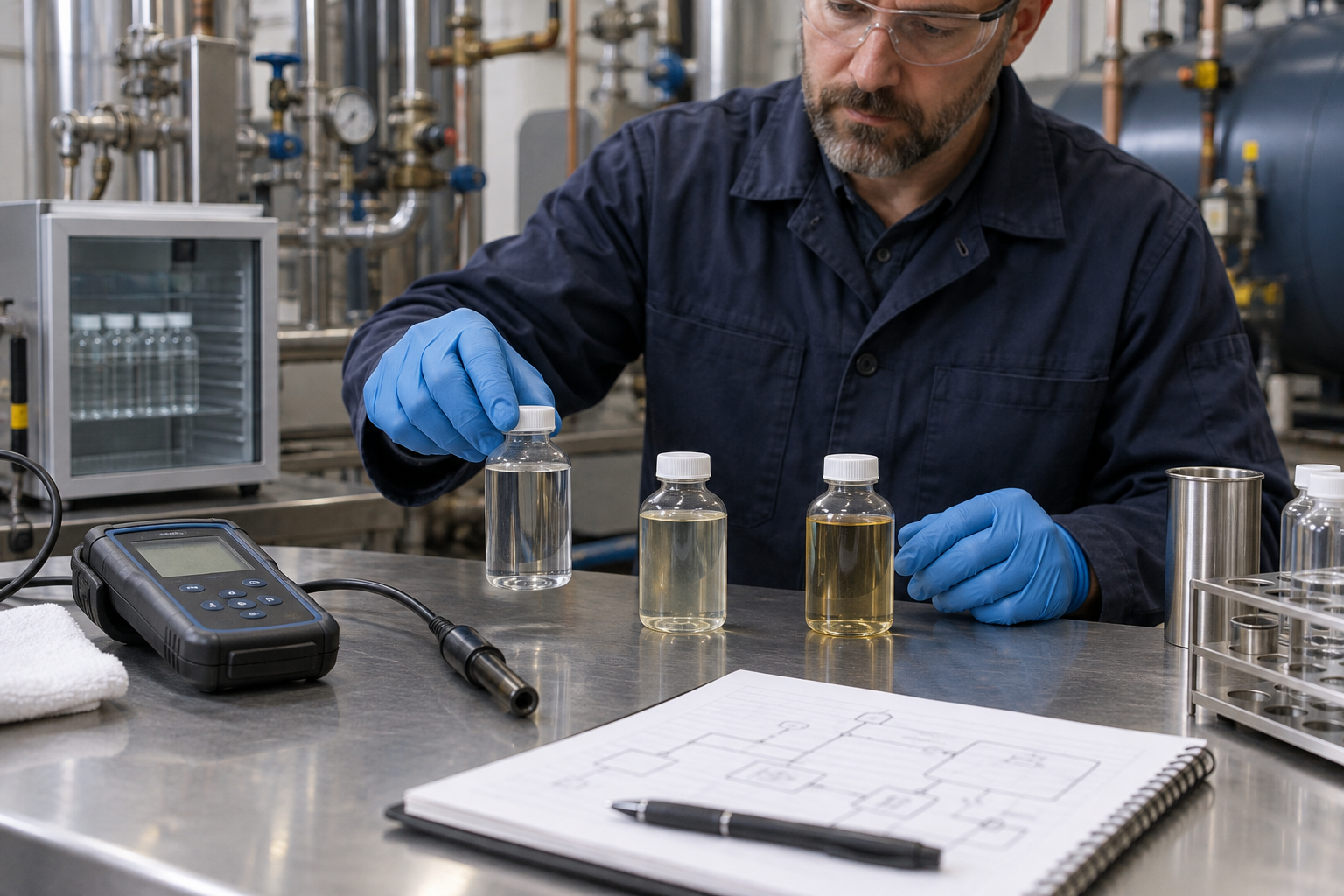 Engineer comparing clear and discolored condensate samples in a boiler water laboratory