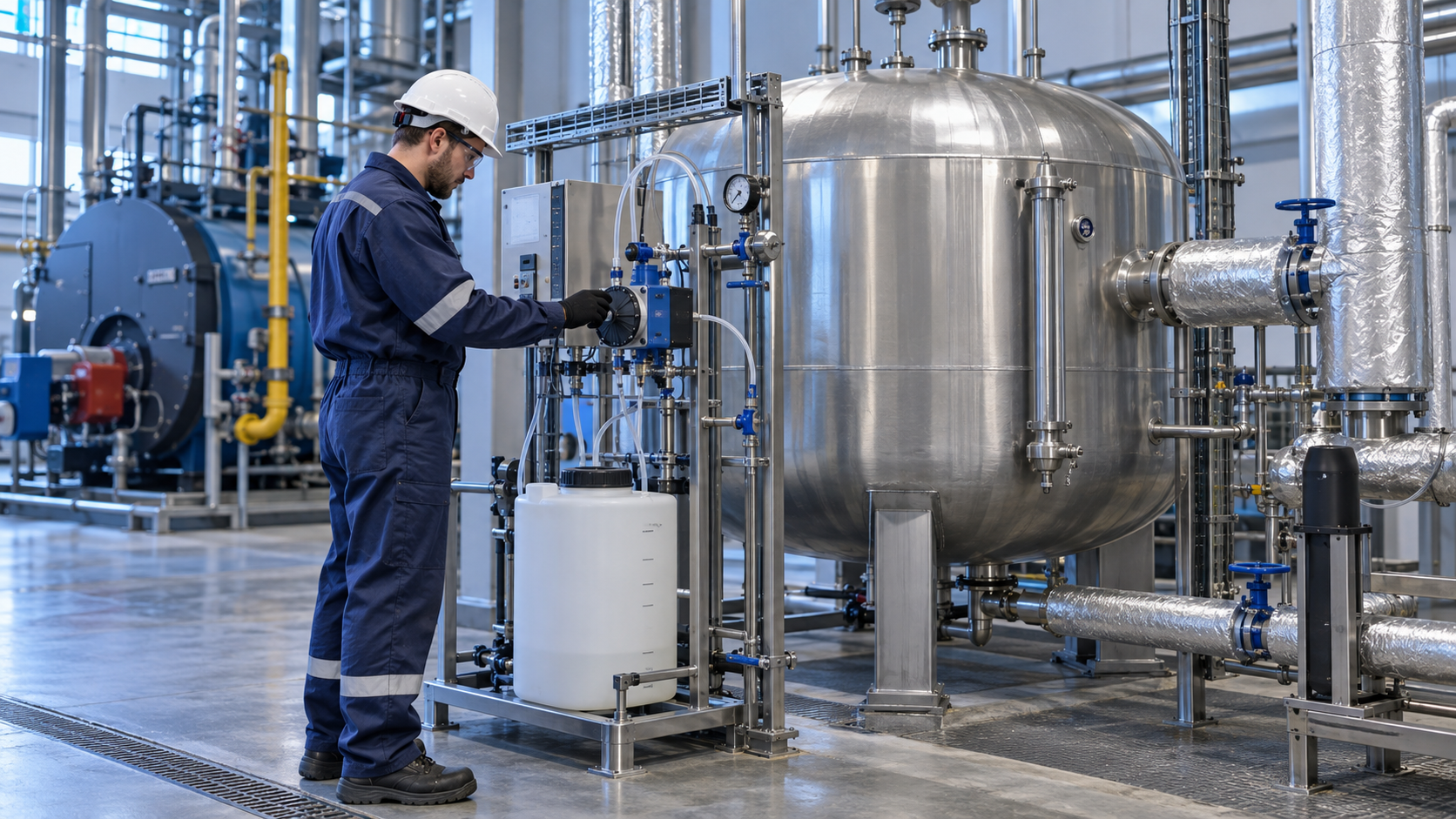 Technician checking a dosing skid beside a boiler feedwater storage vessel