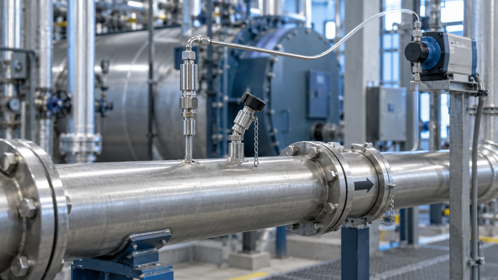Injection quill and sample connection on a boiler feedwater pipe