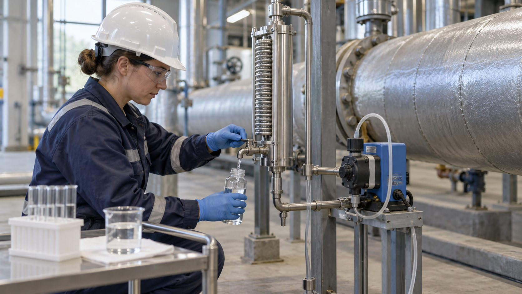 Engineer collecting feedwater sample beside boiler chemical dosing equipment