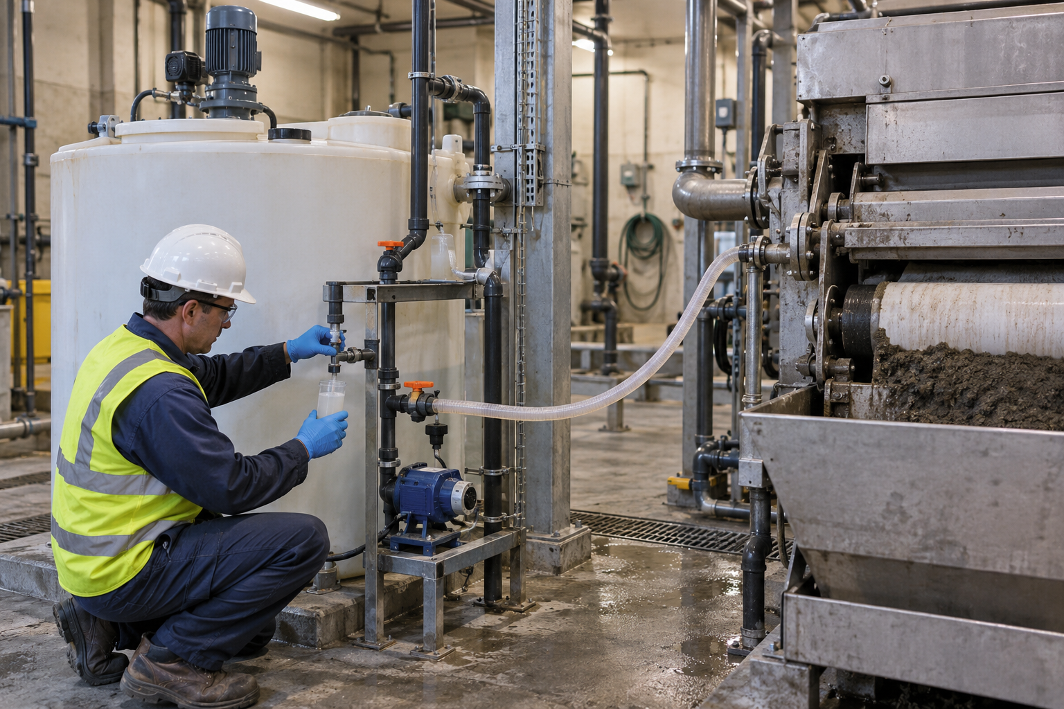 Operator checks a polymer preparation tank and feed line entering a generic belt press process