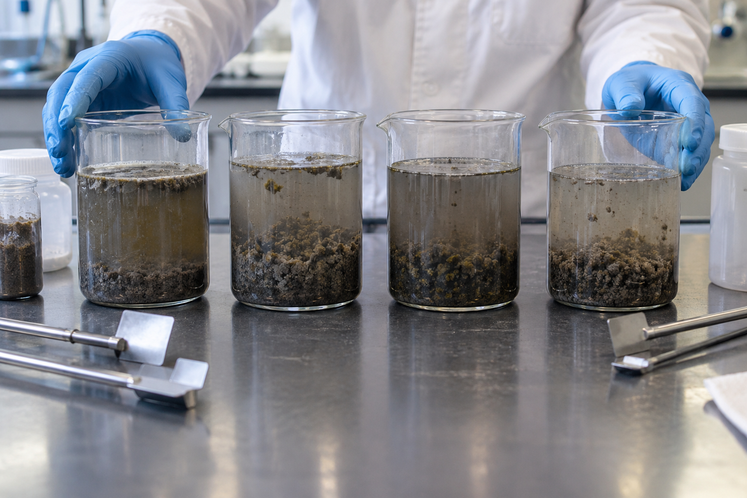Four beakers of sludge arranged for a side-by-side polymer conditioning screen with no displayed results