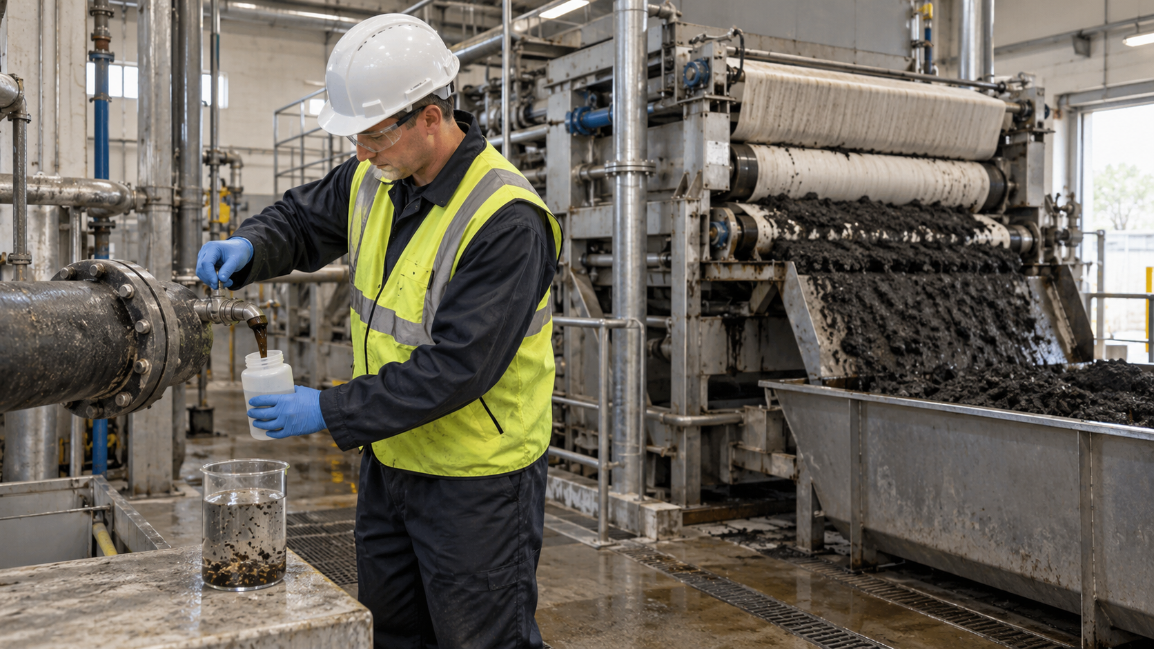 Operator collects a representative sludge sample beside a belt filter press in a generic dewatering room