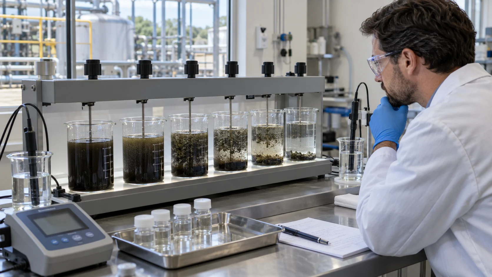 Engineer observing a jar test with high-salinity industrial wastewater samples