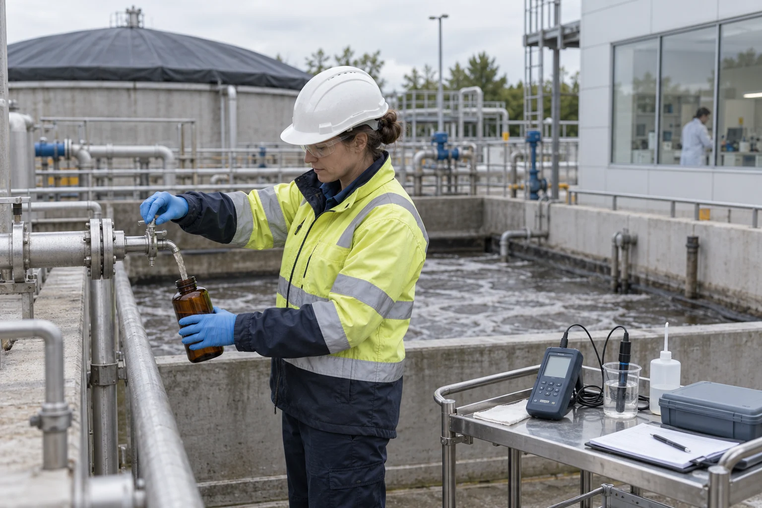 Technician collecting a representative industrial wastewater sample beside conductivity equipment
