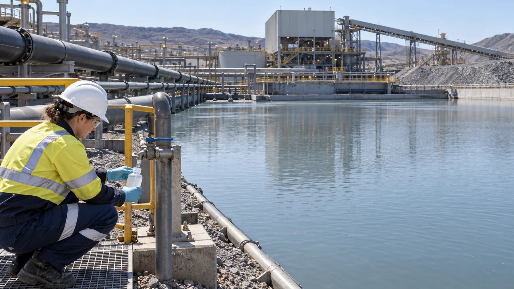 Engineer collecting a generic process-water sample near a mineral-processing return-water pond