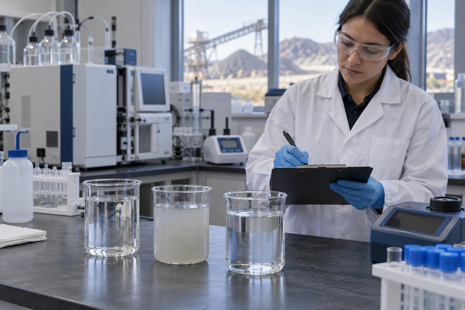 Technician comparing generic fresh, return and blended mine-water samples in a laboratory