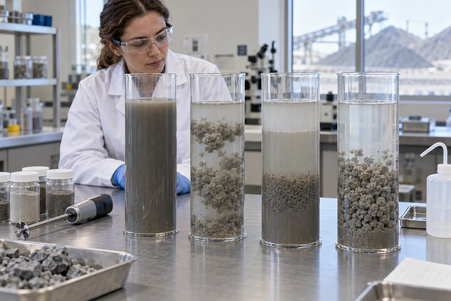 Generic tailings slurries in settling cylinders during a laboratory screening exercise