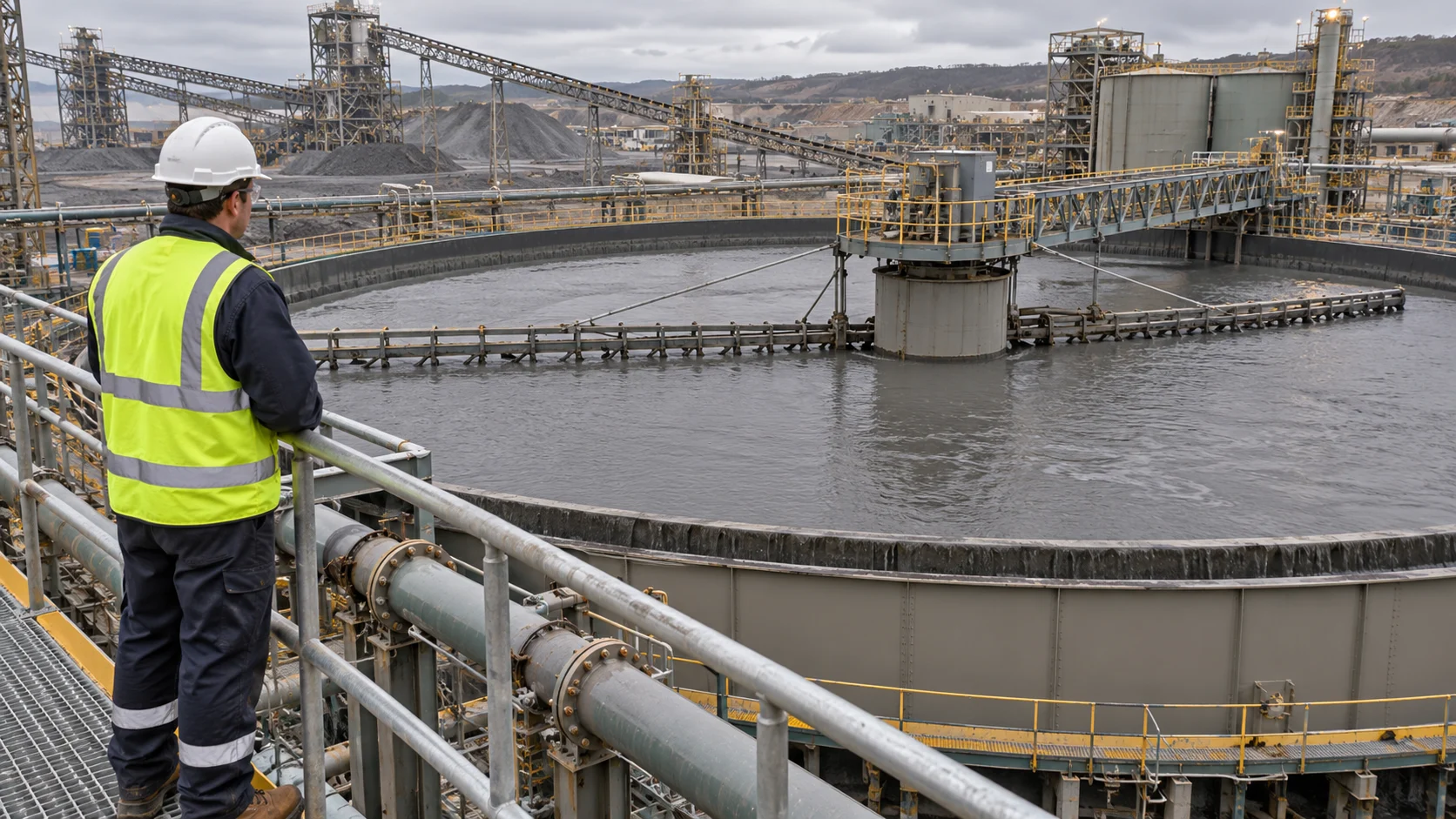 Engineer viewing a generic mineral-tailings thickener from a safe walkway