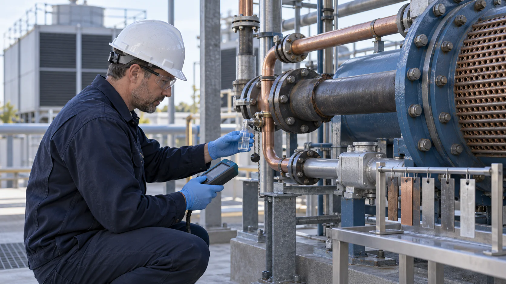 Corrosion engineer sampling a mixed-metal cooling-water heat-exchanger loop
