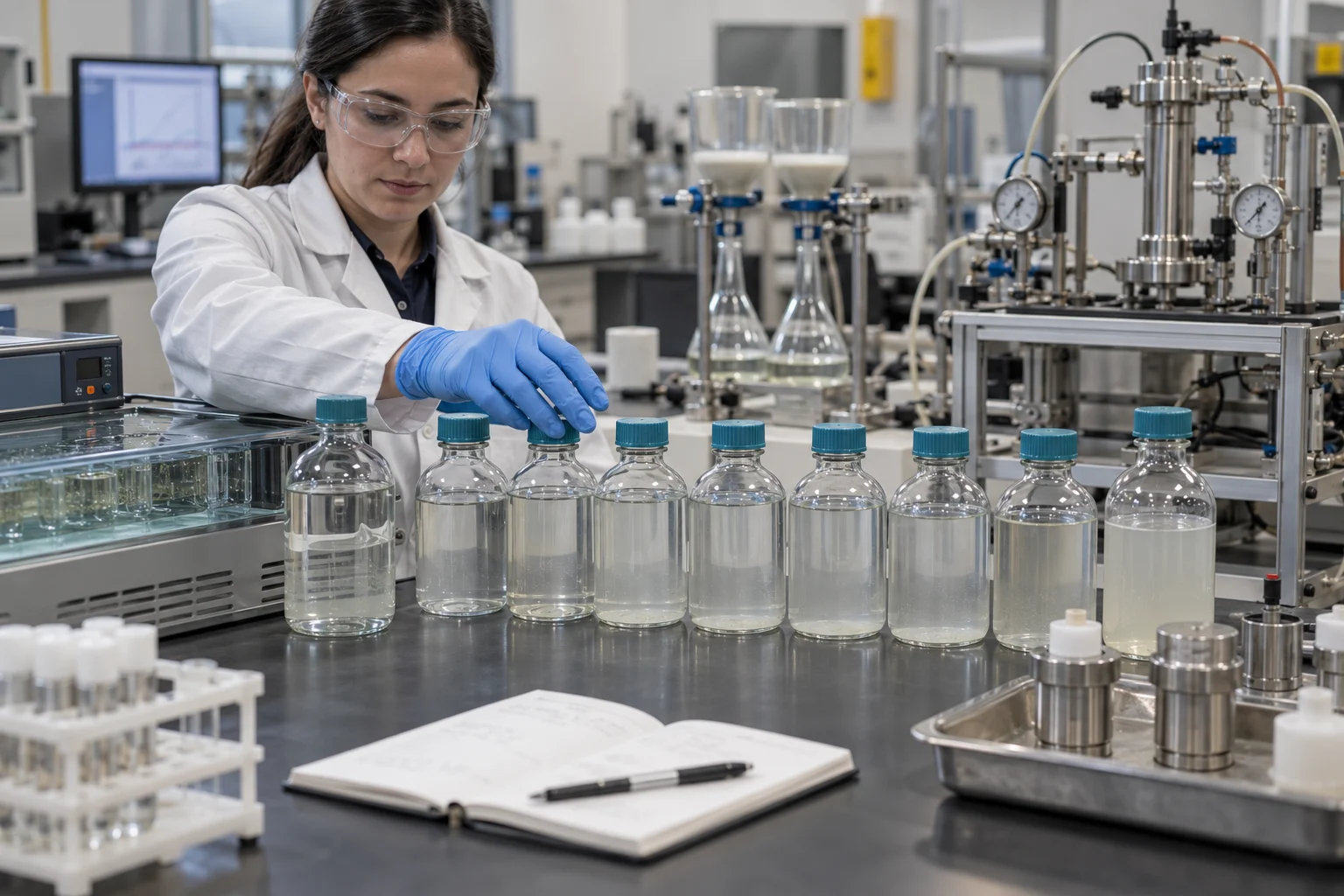 Laboratory analyst arranging a multi-ratio matrix of mixed injection-water samples