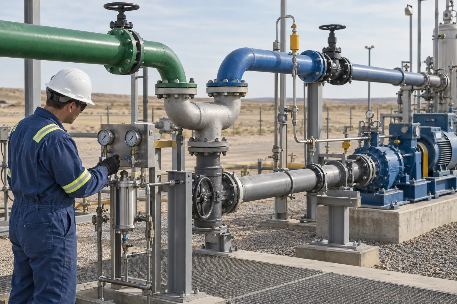 Engineer inspecting a filter and pressure instruments downstream of a two-source injection-water manifold