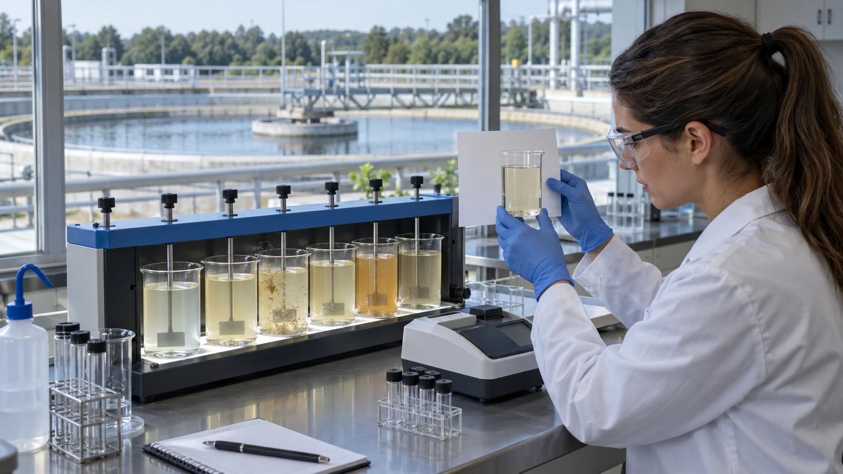 Engineer comparing post-biological effluent color in a laboratory jar test