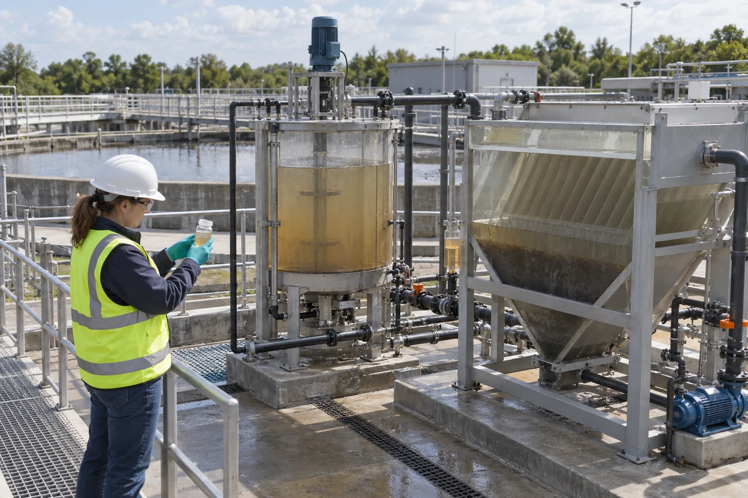 Engineer inspecting a pilot flocculation and lamella separation unit for colored effluent