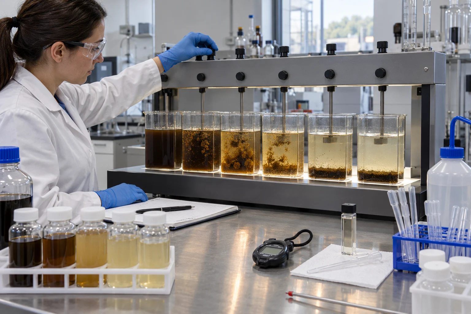 Laboratory analyst running a produced-water jar test with different floc and settling responses