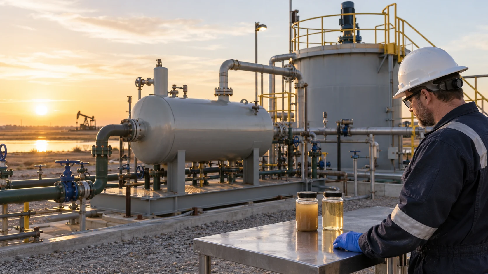 Engineer reviewing produced-water samples beside an oilfield separation and clarification skid