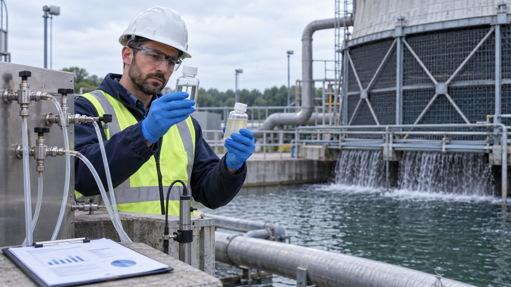 Cooling-water engineer comparing seasonal makeup-water samples beside an open cooling tower