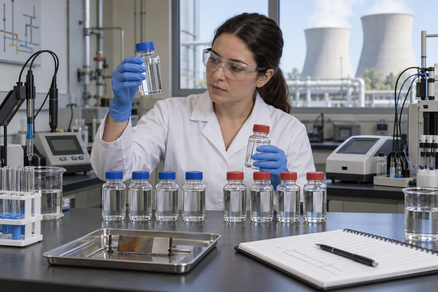 Laboratory analyst comparing paired baseline and current cooling-water samples
