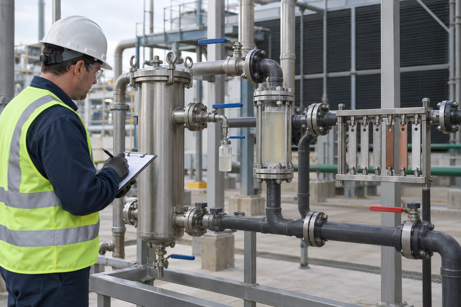Operator inspecting side-stream filtration and a cooling-water corrosion coupon rack