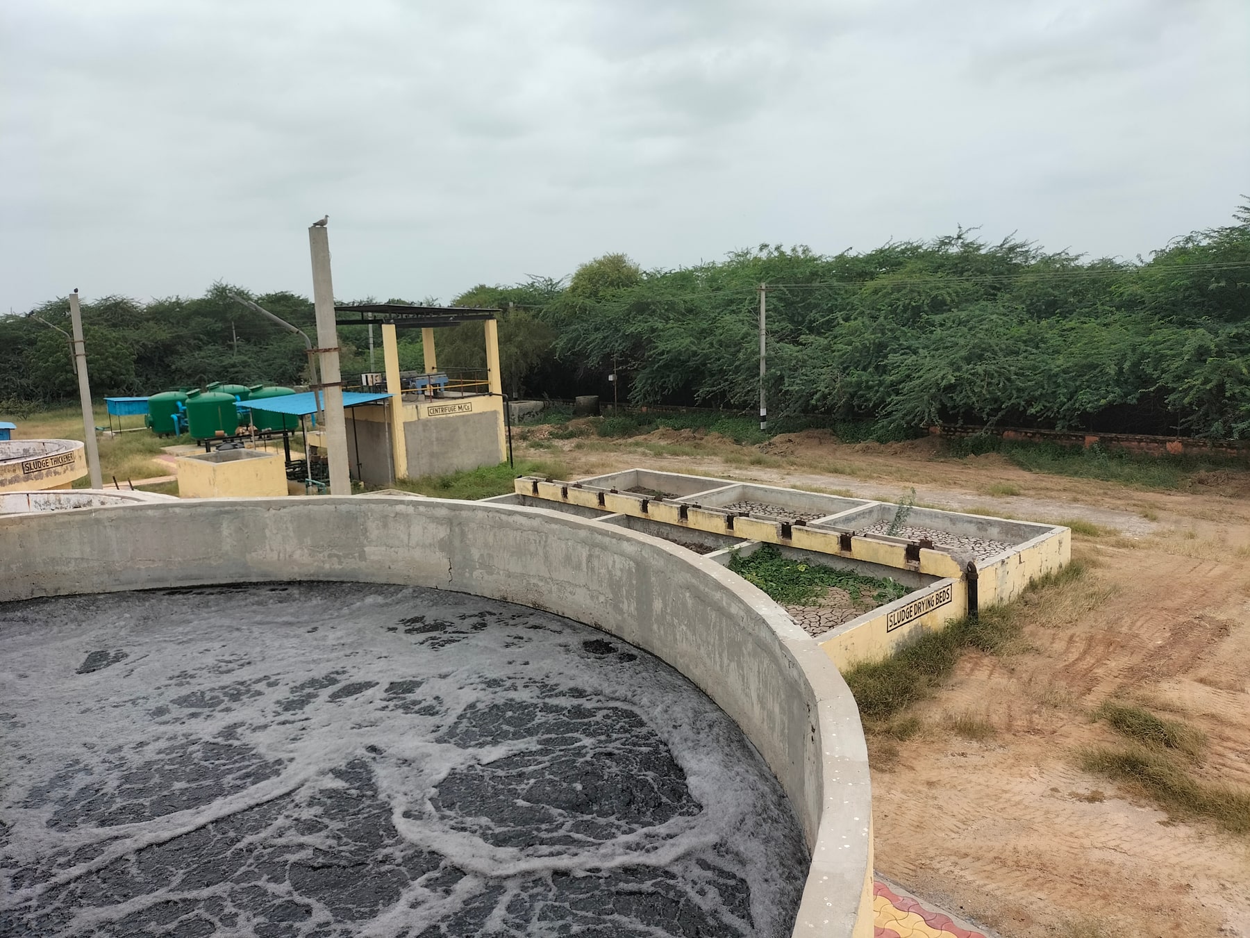 Sludge thickener and drying-bed area at a sewage treatment plant photographed in 2023